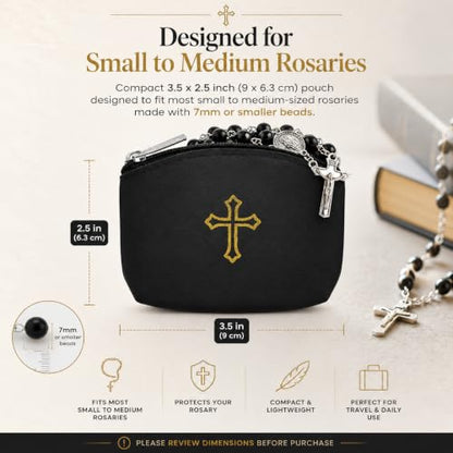 Green Rosary Pouch with Zipper & Gold St. Thomas Cross Imprint | Compact Leatherette Rosary Case for Small to Medium Rosaries | Protective Travel Rosary Holder for Men & Women - color: Green