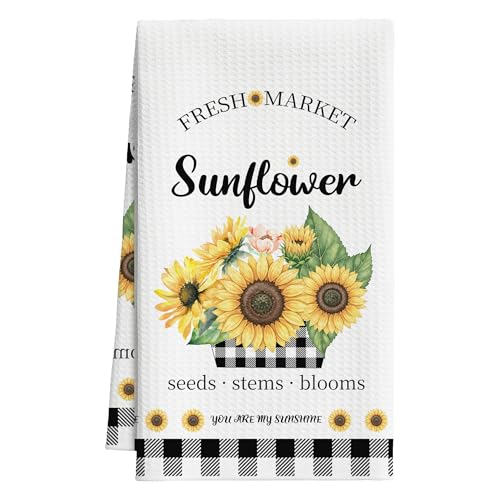 Sunflower Kitchen Towels, Black White Buffalo Plaid Gifts For Women, 09 - color: Yellow Sunflower