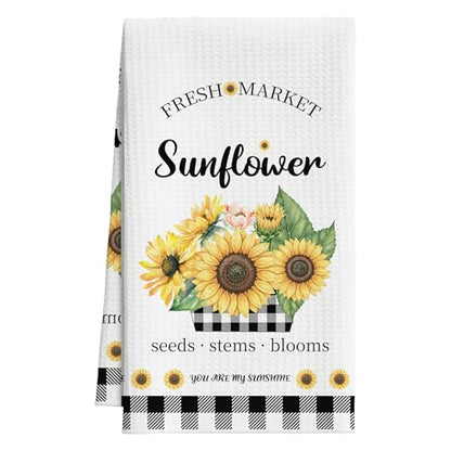 Sunflower Kitchen Towels, Black White Buffalo Plaid Gifts For Women, 09 - color: Yellow Sunflower