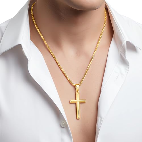 Fiusem Beveled Edge Cross Necklace for Men - size: 16 inches, style: Gold cross: 1.4"*0.8"