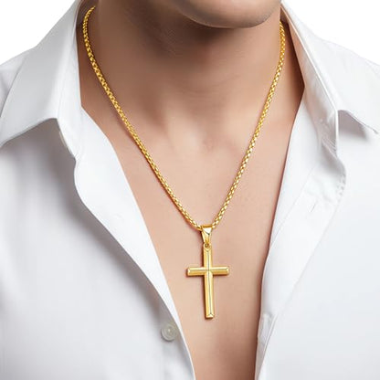 Fiusem Beveled Edge Cross Necklace for Men - size: 18 inches, style: Gold cross: 1.4"*0.8"