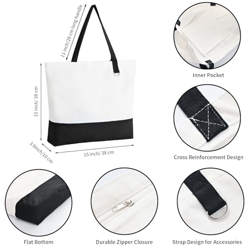 6-Pack Canvas Tote Bags with Zipper, Large Reusable Grocery Tote Bluk - color: Black/White