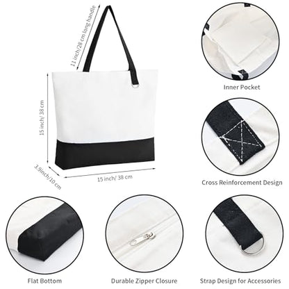 6-Pack Canvas Tote Bags with Zipper, Large Reusable Grocery Tote Bluk - color: Black/White
