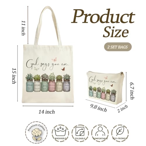 2 Pack Bible Canvas Tote Bag Makeup Bag Women Christian Gifts Reusable Grocery Bags for Shopping Travel - style: Bible Succulent