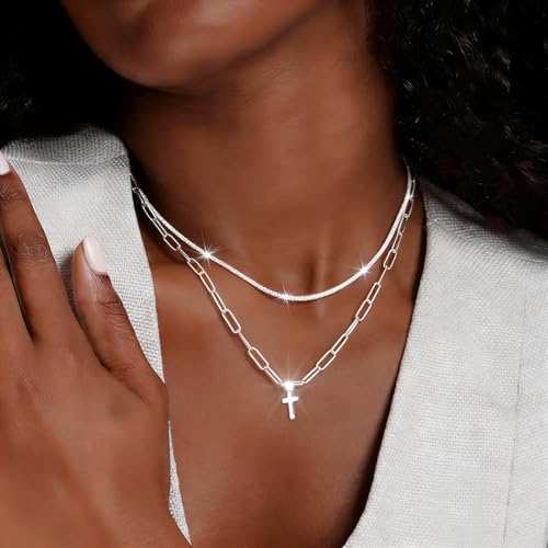 925 Sterling Silver Necklace for Women Layered Cross Paperclip Chain Necklaces Dainty Sparkle Pendant Jewelry Gifts - style: Paperclip Chain+Cross