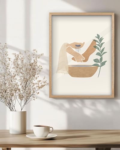 KensTro 16x20 Oak Framed Jesus Washing Feet Christian Wall Art - color: Boho Jesus Washing Feet-Framed, size: 20"L x 16"W