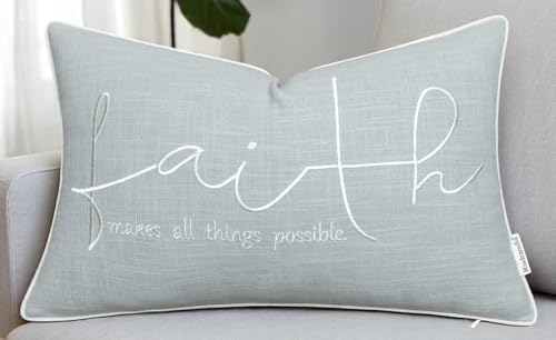 Rudransha Faith Bible Verse Embroidered 12x20 Lumbar Throw Pillow Cover - Blue Grey Cotton Scripture Christian Gift - Inspirational Quote Decor for Bed Sofa Couch Prayer Room - color: Robins Egg-faith