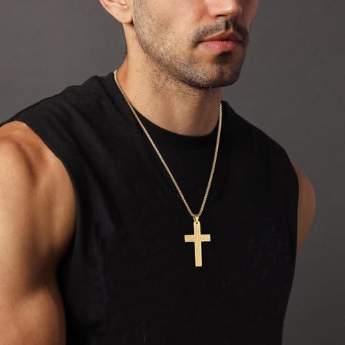 HZMAN Stainless Steel Cross Necklace for Men Women Lord's Prayer Pendant - color: Gold