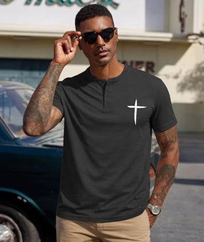 KESIHAN Christian Henley T Shirts for Men Cross Graphic Faith Casual Tee - color: Grey-6, size: Small