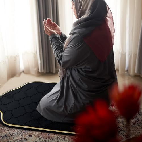 Muslim Prayer Rug with Tasbih Prayer Beads, Soft Memory Foam Prayer Matt Islam, Padded Islamic Prayer Mat Thick for Men and Women, Janamaz, Sajadah (25.6" x 43.3", Black) - color: Black