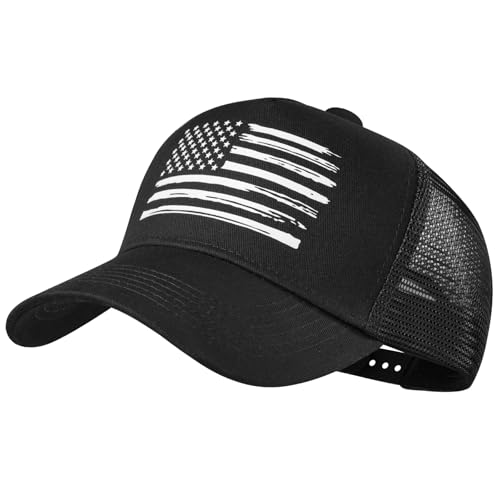 Baseball Cap, American Flag Trucker Hat for Men Women, Breathable Adjustable Fit Outdoor Mesh Snapback Hats - color: Black/White Flag