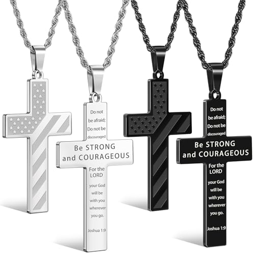 Romass 2Pcs Cross Necklace for Men Boys, Bible Verse Stainless Steel Silver Black American Flag Chains for Men Pendant Jewelry Box - style: Joshua 1:9