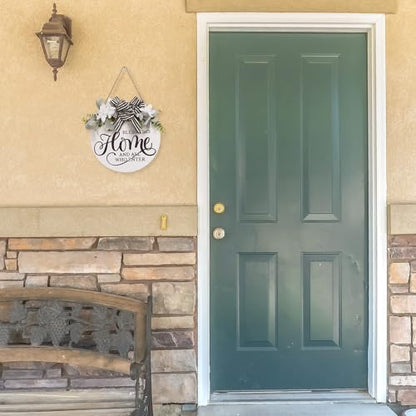 Welcome Sign for Front Door, 11.8 Inch Bless This Home and All Who Enter Sign with Wreaths, Round Wood Wall Hanging Decor for Home Front Porch Outdoor