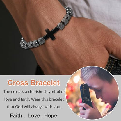Cross Bracelet for Boys Teens, Adjustable Obsidian Beads Bracelets Christian Religious Jewelry Gifts for Teen Teenage Boys - style: Christian Man