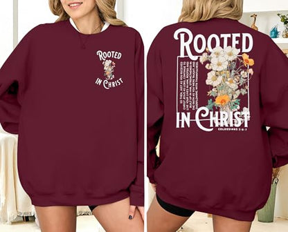 Women Christian Sweatshirt Rooted in Christ Shirts Jesus Boho Faith Clothes - color: Wine Red, size: X-Large