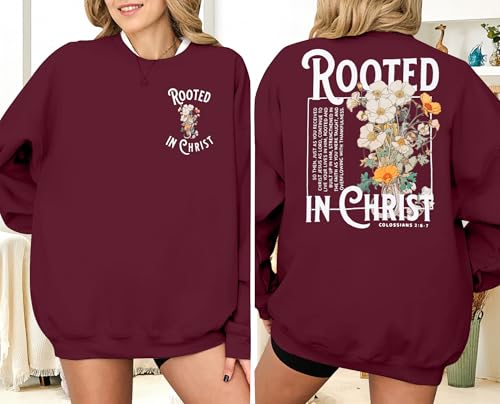 Women Christian Sweatshirt Rooted in Christ Shirts Jesus Boho Faith Clothes - color: Wine Red, size: XX-Large
