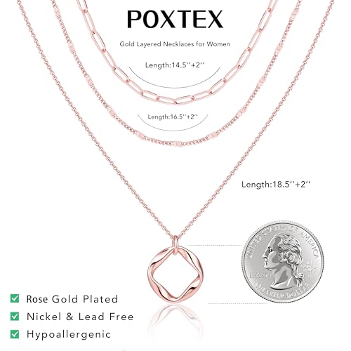 Poxtex Layered Gold Necklaces for Women, Stackable Dainty 14K Gold Silver Plated Trendy Simple Heart Diamond Cross Bow Circle Pendant Paperclip Choker Dot Chain Necklace,Jewelry Set Gifts for Women - color: Rose Gold, style: Circle1