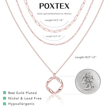 Poxtex Layered Gold Necklaces for Women, Stackable Dainty 14K Gold Silver Plated Trendy Simple Heart Diamond Cross Bow Circle Pendant Paperclip Choker Dot Chain Necklace,Jewelry Set Gifts for Women - color: Rose Gold, style: Circle1