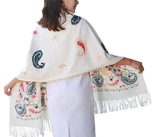 Urban CoCo Embroidered Scarf for Women, Tassel Shawl, Soft Lightweight Wrap - color: #5-white