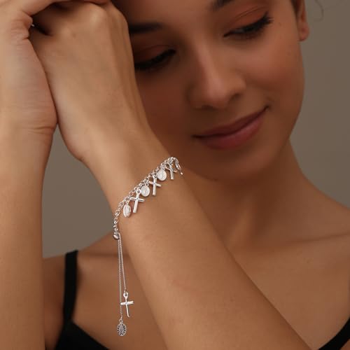 LeCalla 925 Sterling Silver Mother Mary Collection | Lightweight Religious Bracelet Jewelry Rosary Mother Mary Cross Bracelet's for Women - color: Sliding Mother Mary Crass