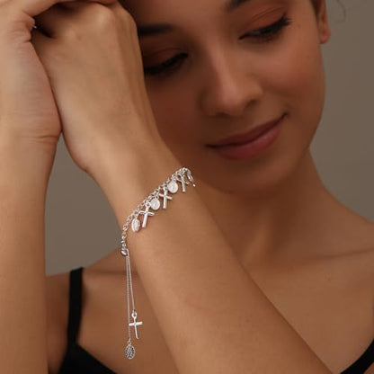 LeCalla 925 Sterling Silver Mother Mary Collection | Lightweight Religious Bracelet Jewelry Rosary Mother Mary Cross Bracelet's for Women - color: Sliding Mother Mary Crass