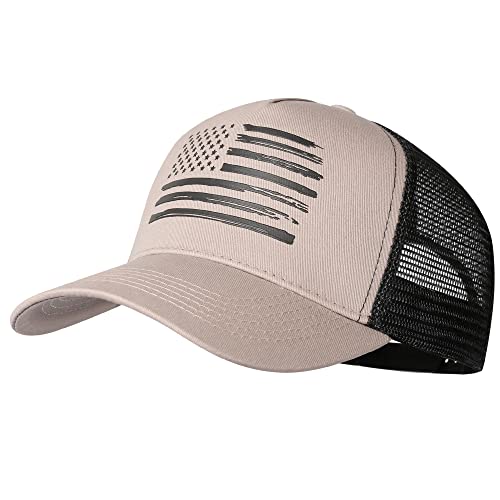 Baseball Cap, American Flag Trucker Hat for Men Women, Breathable Adjustable Fit Outdoor Mesh Snapback Hats - color: Khaki/Black Flag