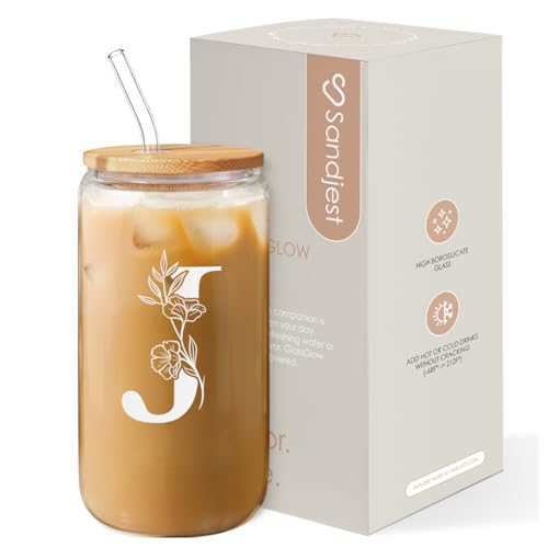 SANDJEST Monogrammed Gifts for Women - Monogram J Initial Glass Cup 16 Oz Can Coffee Cups with Lid and Straw - Monogram Initials Gifts for Womens on Birthday - color: Initial J