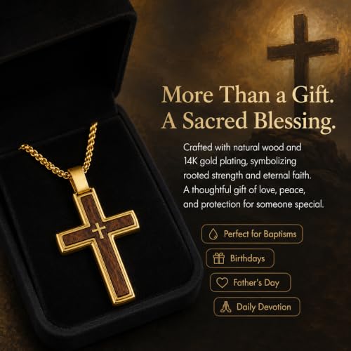 14K Gold Plated Wood Cross Necklace for Men Christian Pendant Jewelry - color: A02-Cross