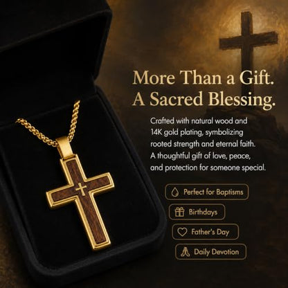 14K Gold Plated Wood Cross Necklace for Men Christian Pendant Jewelry - color: A02-Cross