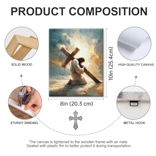 Christian Jesus Carrying the Cross Wall Art Decor - Jesus Cross Canvas Print Picture Religious Wall Decor for Home Prayer Room 8x10 Inch Framed - color: color-T