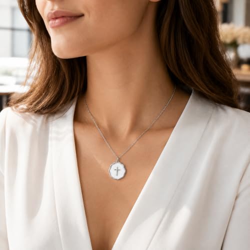 Enamel Cross Necklace for Women 18K Gold Plated Christian Pendant - color: White-Silver