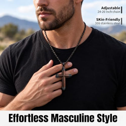 Wooden Cross Necklace for Men with Stainless Steel Adjustable Chain 24-26in, Christian Wood Crucifix Pendant Gift for Him - style: Matthew 19:26