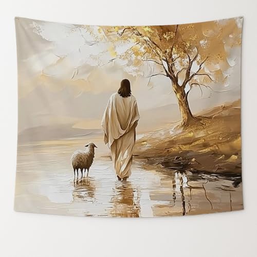 bitCNY Jesus and Sheep Tapestry 60x50 Inches – Autumn Christian Wall Art, Religious Home Decor, Pastoral Faith Tapestry for Living Room Bedroom - color: white-Jesus and Sheep