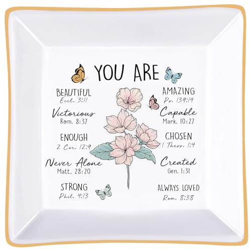 PUDDING CABIN Birthday Gifts for Women, Pink Cherry Scripture Ring Dish, Christian Gifts - style: Cherry: New Beginnings & Hope(March Birth Flower)