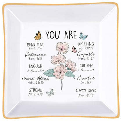 PUDDING CABIN Birthday Gifts for Women, Pink Cherry Scripture Ring Dish, Christian Gifts - style: Cherry: New Beginnings & Hope(March Birth Flower)