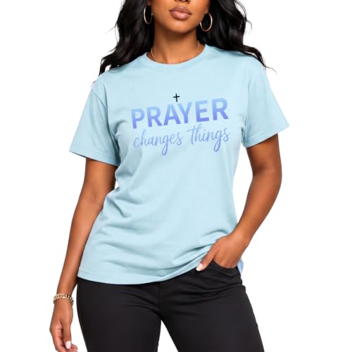 BeWithYou Christian Shirts for Women Religious Faith Jesus God Tshirts Inspirational Bible Verse Cross Graphic Tee Casual Top - color: Light Blue, size: XX-Large
