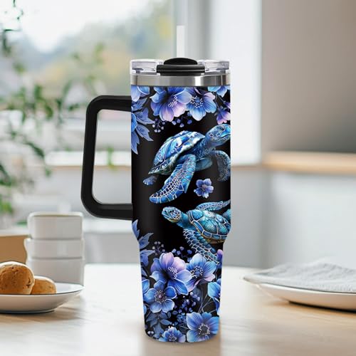 40oz Dark Mystical Sea Turtle Tumbler with Straw, Goth Blue Floral Ocean Gifts for Women Girls, Black Aesthetic Stainless Steel Insulated Travel Coffee Mug with for Teens Sister Cool Bestie Birthday - color: Sea Turtle-D-174