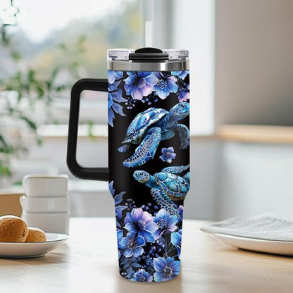 40oz Dark Mystical Sea Turtle Tumbler with Straw, Goth Blue Floral Ocean Gifts for Women Girls, Black Aesthetic Stainless Steel Insulated Travel Coffee Mug with for Teens Sister Cool Bestie Birthday - color: Sea Turtle-D-174