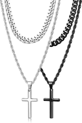 Romass 4Pcs Cross Necklace for Men Teen Boys,Stainless Steel Chains for Men Layered Necklaces Silver Gold Black Pendant Jewelry Box Gifts 18-24 Inches - size: Chain-22in/Necklace-24in, style: 4Pcs 1.2"* 0.7"pendant-Silver+Black