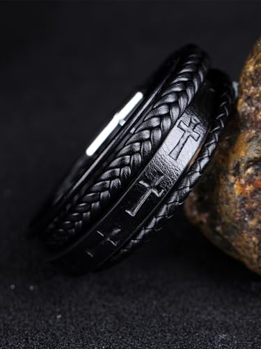 Mens Leather Cross Bracelet Multilayer Braided Wristband Bangle Bracelets with Stainless Steel Buckle Religious Gift for Men Brown/Black/Blue–8.3 inch - color: Black-1, size: 9in(Fits larger wrists)