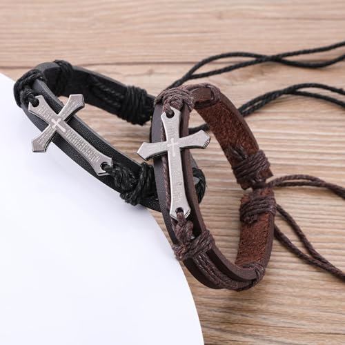 Religious Cross Leather Bracelet Adjustable Bangle Braided Jewelry for Men Cross Alloy Bracelet - color: Brown