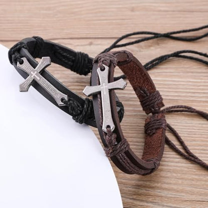 Religious Cross Leather Bracelet Adjustable Bangle Braided Jewelry for Men Cross Alloy Bracelet - color: Brown
