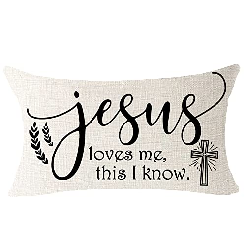 NIDITW Inspirational Quote Jesus Loves Me This I Know Cross Blessed Cotton Linen Lumbar Throw Pillow Cover Cushion Case Farmhouse Chair Couch Decorative Waist 12x20 Inches (Jesus) - color: Jesus