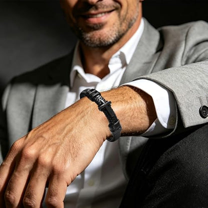 Black Leather Cross Bracelet for Men, Braided, Stainless Steel, 7.9in