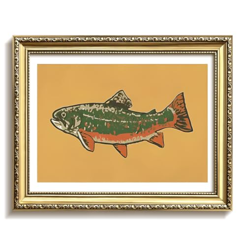 Vintage Gold Framed Trout Canvas Wall Art, Kitchen Fish Wall Decor Oil Painting, Farmhouse Decor Artwork Print Picture Poster, for Living Room Bedroom Dining Room 12x16 Inch - color: B-Fish, size: 16"L x 12"W