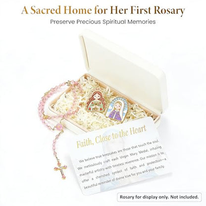 My First Religious Keepsake Box Set for Girls - 3D Virgin Mary Medal, White PU Leather Case & Blessing Card for Baptism, First Communion (Premium Keepsake Box - Rosary Not Included) - style: Style D