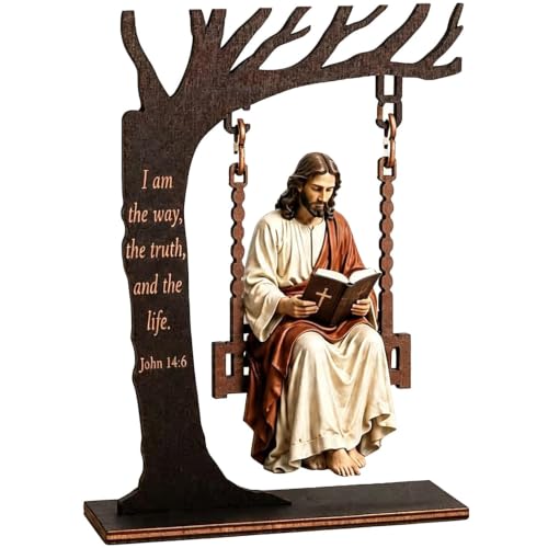John 14:6 Faith Table Decor, Jesus Swinging on Tree Statue with Bible Verse, Christian Desk Decor Religious Gifts for Men Women, Home Office Desktop Decoration(1Pcs) - color: 1pcs
