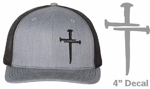 Christian Cross Baseball Cap, Religious Sacred Nails Design, Navy Blue Adjustable HAT with White Embroidered Design and Free 4" Window Decal
