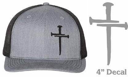 Christian Cross Baseball Cap, Religious Sacred Nails Design, Navy Blue Adjustable HAT with White Embroidered Design and Free 4" Window Decal