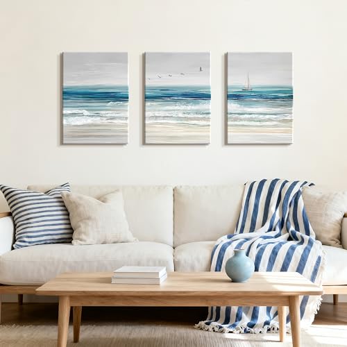 WENGTIAO 3Pcs Abstract Blue Beach Ocean Canvas Wall Art Paintings 12"x16" - color: Abstract Blue Ocean, size: 12"x16"x3Pcs